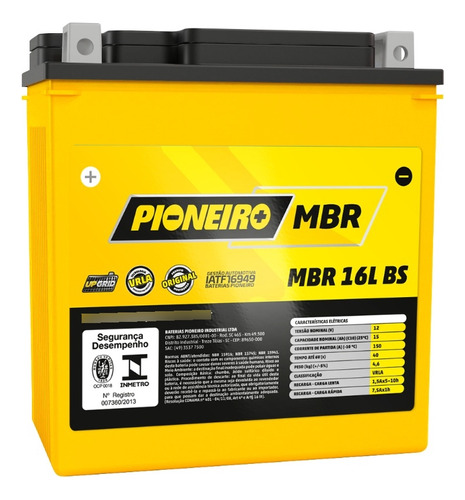 Bateria Moto Pioneiro Mbr16l-bs 12v 15a/h
