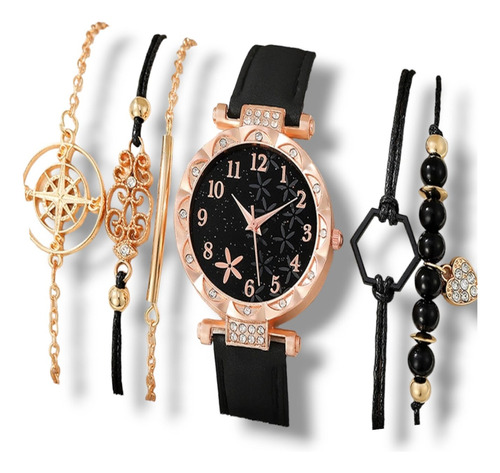 Set Reloj De Flor Con Pulseras Negro