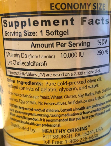 Vitamina D3 10,000 Iu 360 Softgels - Healthy Origins