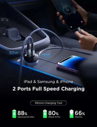 AINOPE - Cargador de coche USB C de carga rápida, todo metal y mini 30 W PD  de doble puerto tipo C, cargador USB para encendedor de cigarrillos