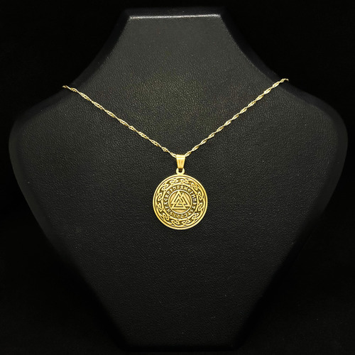 Cadena Y Dije Valknut Nudo Runa Vikingo Nórdico Oro 18k Amarillo 50 Cm