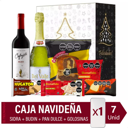 Caja Navideña 7 Productos Vino, Sidra, Pan Dulce, Turron