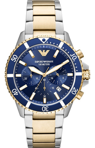 Reloj Hombre Emporio Armani Modelo 11362 Correa Plata Con Dorado Bisel Blanco Con Dorado Fondo Azul