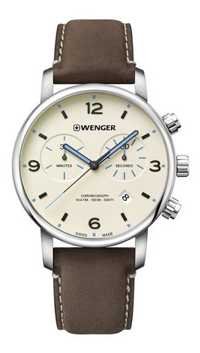 Reloj Wenger Urban Metropolitan Chrono para hombre, marrón, color del bisel: plateado, color de fondo: blanco