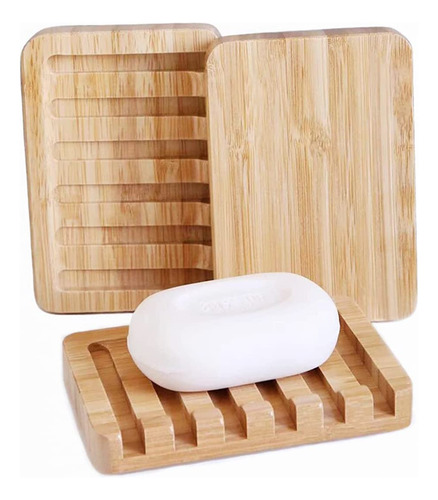 3 Pack Bamboo Soap Dish, Bar Soap Holder With Self Draini...