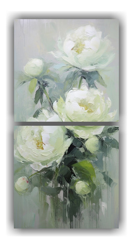 160x80cm Cuadro Decorativo Tonos Peonías Verdes Flores