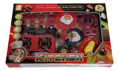 Juego De Cocina Infantil Set Infantil Con Sartenes Platitos Rojo