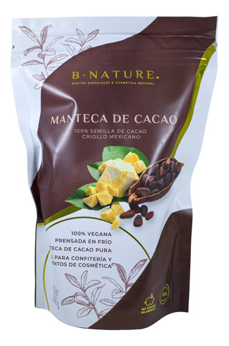 Manteca De Cacao Orgánica Grado Alimenticio Y Cosmética 250 Gramos Bnature