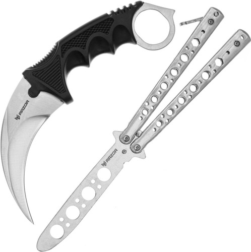 Cuchillo Karambit Y Navaja Mariposa Sin Filo Combo Plateado