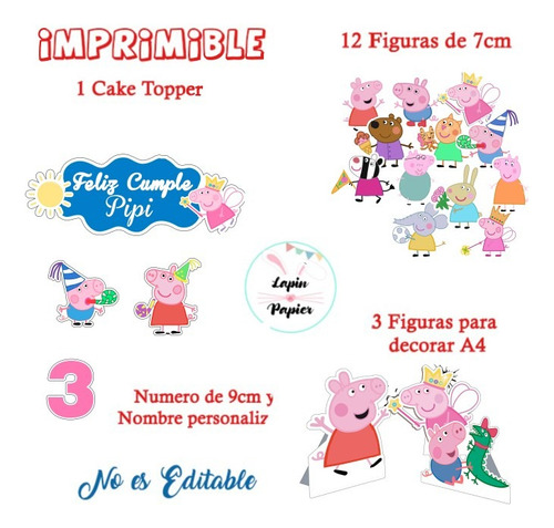 Cake Topper Imprimible Personalizado Peppa Pig Azul