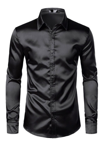 Camisa Negra Tela Brillosa Suave Hombre Fiesta Antro 