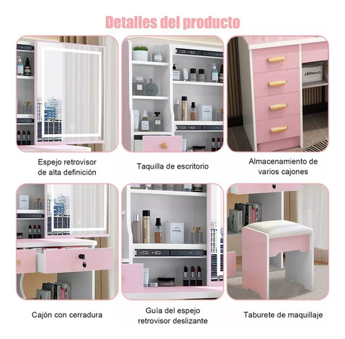 Tocador Madera Moderno Con Espejo Led Cajon Incluye Taburet Color Madera Oscura