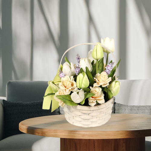 Tulipanes Artificiales En Maceta Con Cesta De Verde Claro