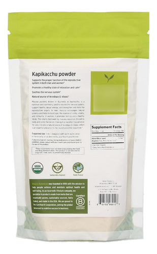 Polvo Banyan Botanicals Kapikacchu - Certificado Orgánico, Mucuna Pruriens - Tónico Nutricional Que Soporta La Función