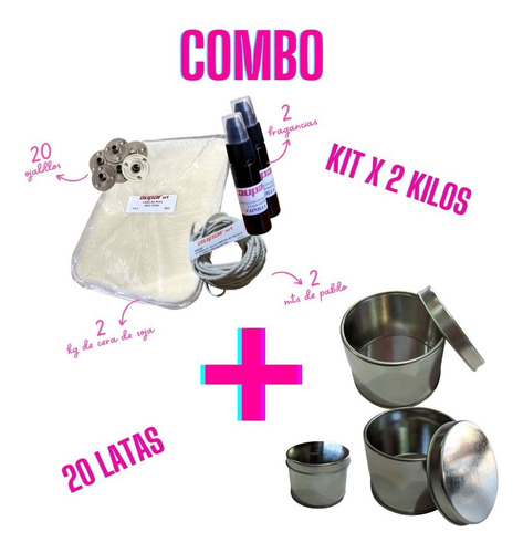 Imagen 2 de 9 de Combo Kit Para Velas De Soja X 2 Kilos + 20 Latas 6,5 X 5 Cm