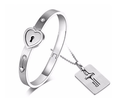 Brazalete Corazon + Collar Llave Para Parejas En  Acero