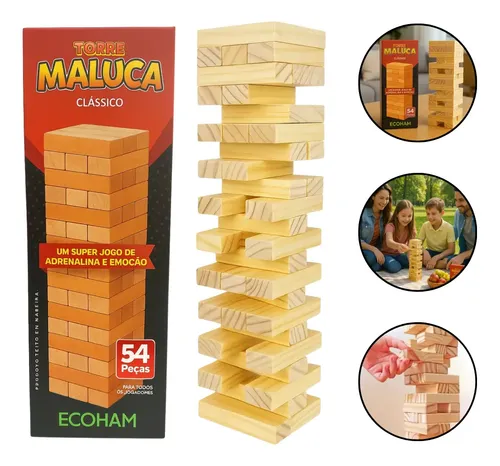 Jogo Torre Maluca Caiu Perdeu Madeira 54 Peças Brinquedo