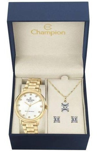 Relógio Champion Feminino Dourado Folheado Colar E Brinco Cor do fundo Branco