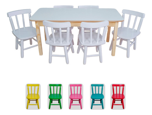 Mesa Infantil + 6 Cadeiras Madeira Educativa Para Crianças  