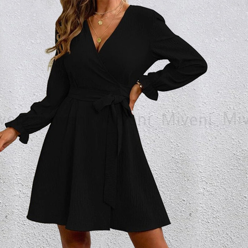 Vestido De Color Sólido Con Cuello Abierto Y Manga Linterna