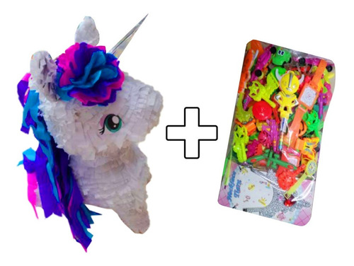 Piñata Papel + Relleno Figura Juguetes Unicornio Morado