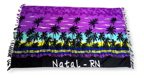 Canga De Poliéster Estampada Coqueiros Natal- Rn Cor Roxo, Azul Claro E Amarelo Tamanho U