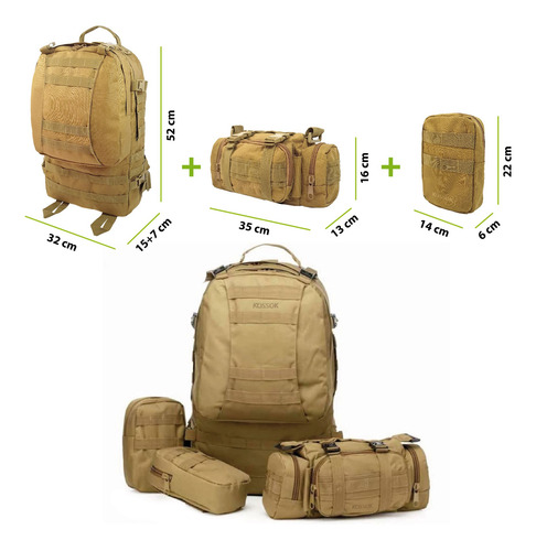 Mochila Tactica Kossok Quebec Con Riñonera Y Bolsos Extra