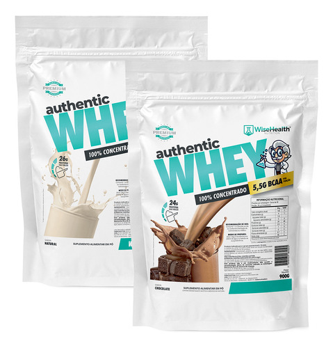 Kit 2 Authentic Whey 900g Natural + Chocolate - Wisehealth