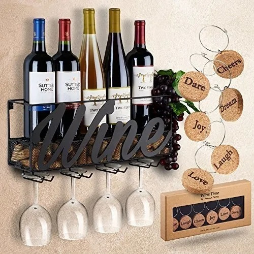 Estante De Vino Montado En La Pared | Bottle Y Glass Holder 