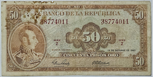 Billete 50 Pesos 12/oct/1967 Colombia F-vf