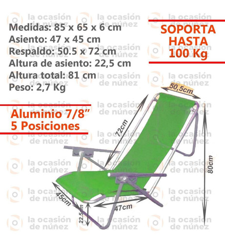 Imagen 2 de 6 de Reposera Silla 5 Posiciones Aluminio Sillon Plegable X 2u