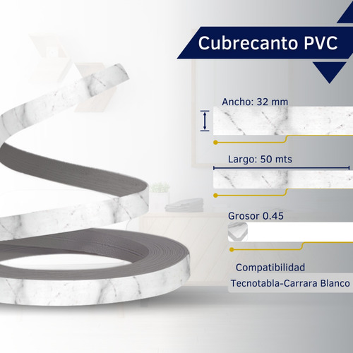 Cubre Canto Pvc .45 Carrara Blanco 32mm X 50mts