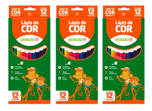 Kit de 3 cajas de lápices de colores Leo y Leo, cada caja de 12 colores