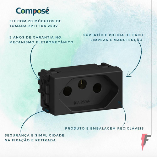 Imagem 2 de 4 de Kit 20 Modulo Tomada 2p+t 10a 250v Preto Refinatto