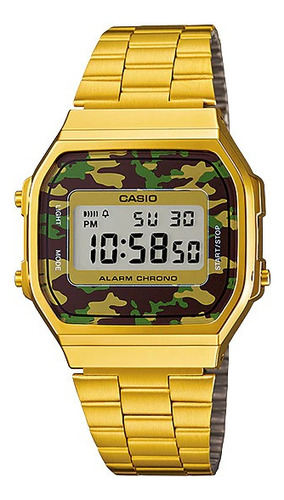 Reloj de pulsera Casio Youth Vintage A-168 de cuerpo color dorado, digital, fondo gris y camuflado, con correa de acero inoxidable color dorado, dial negro, minutero/segundero negro, bisel color dorado, luz azul verde y hebilla de gancho