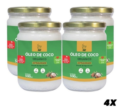 4x Oleo De Coco 500ml Orgânico Extravirgem Hf Suplements