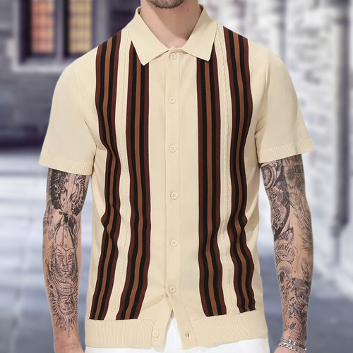 Camiseta De Polo De Punto Con Botones A Rayas Para Hombres