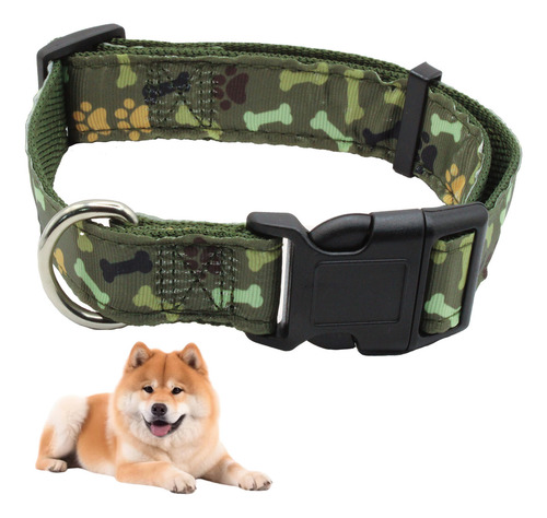 Collar para perros raza mediana y grande ajustable color huesos militar verde Meru