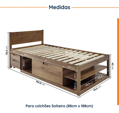 Cama Solteiro Multifuncional Madeira Maciça Irara Cabecasa
