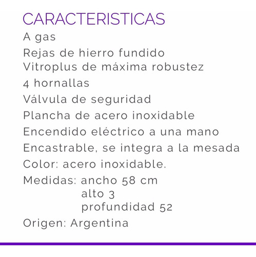 Imagen 4 de 6 de Anafe A Gas Longvie A6600xf 4 Hornallas Acero Inox 12cts