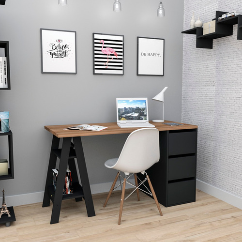 Escritorio Appunto self con cajones mdp de 135cm x 76cm x 60cm castaño y negro