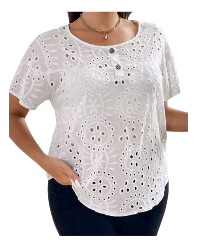 Blusa Plus Size De Broderie Blanco, Mangas Cortas,talle Xxxl