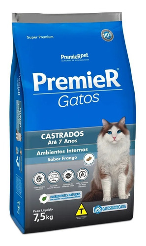 Ração Premier Gatos Ambientes Internos Castrados Frango 7,5k