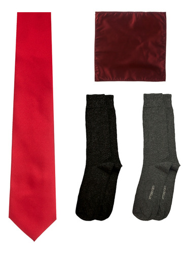 Set 4 Pzs Corbata Pañuelo Y Calcetin Hombre Vittorio Forti Color Rojo Diseño de la tela Lisa Largo 7.5 cm