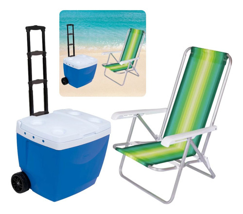 Cooler Azul 42 L Rodas E Alça + Cadeira Reclinável Praia