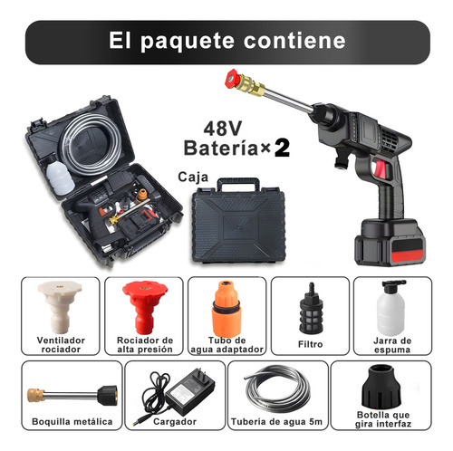 48v Hidrolavadora Inalambrica(2 Batería),hidrolavadora Portatil Con Manguera 5m,lavadora A Presión Portátil,alcance De 6-8 Metros,lavar Coches,pisos,riego De Jardín