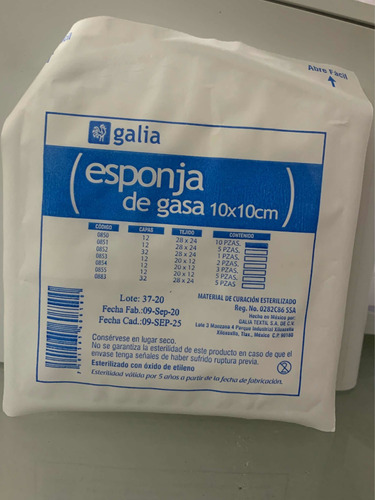 Gasa Estéril 10x10cm C/10 Tejido 28x24 Galia Paquete C/10