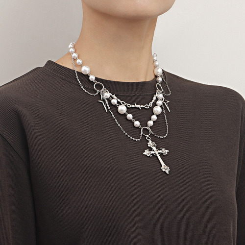 Collar Simple Con Cuentas De Perlas En Capas De Estilo Punk