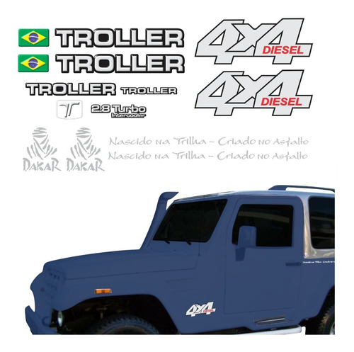 Kit Adesivos Emblema Troller T4 4x4 Diesel 2.8 Turbo Intercooler 2003 Completo Carro  Azul Trl032