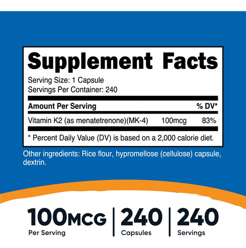 Suplemento Nutricost Vitamina K2 (mk4) 240 Cápsulas 100mcg